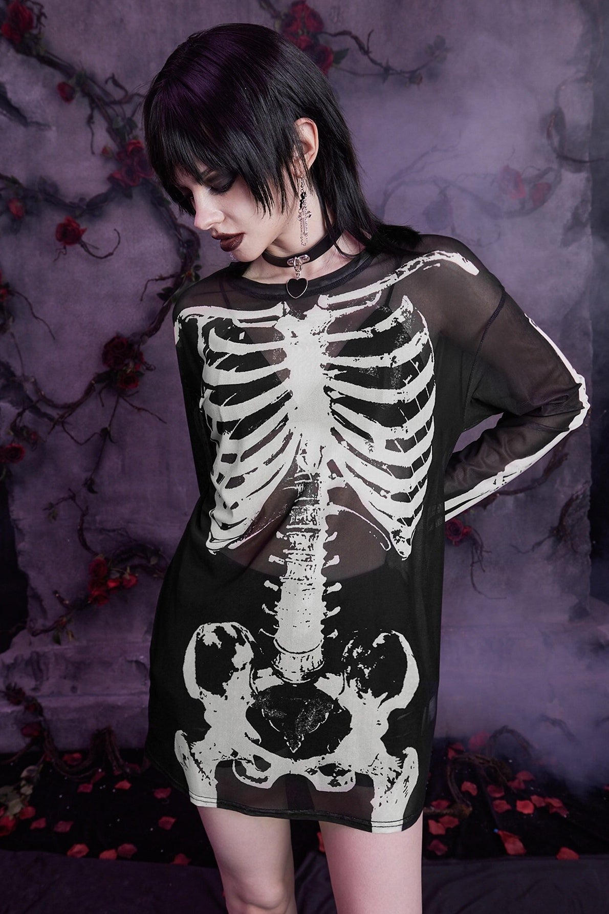 Dark Style Skull Print Mesh Knit Top