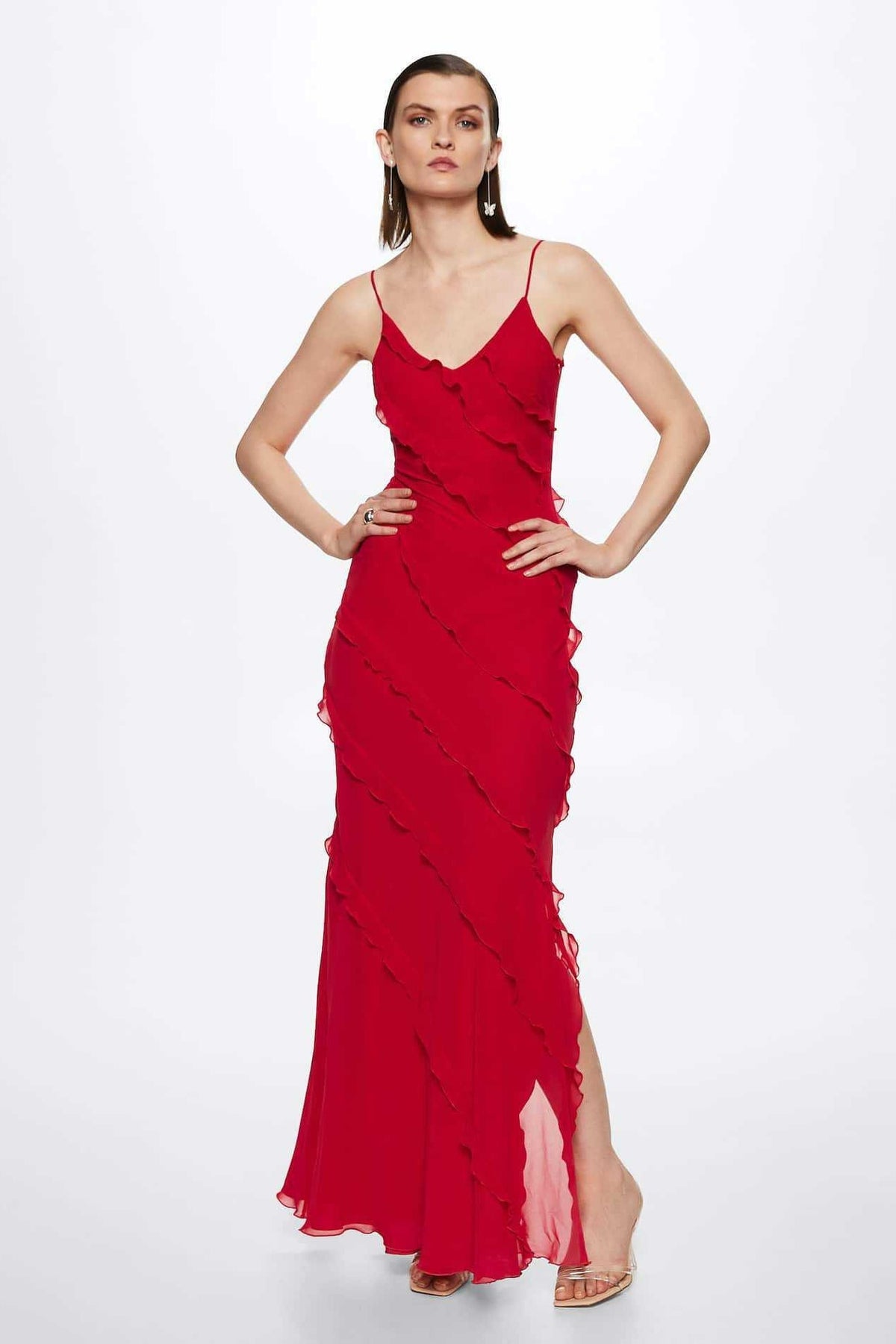 Chiffon V-Neck Ruffle High Split Slip Maxi Dress