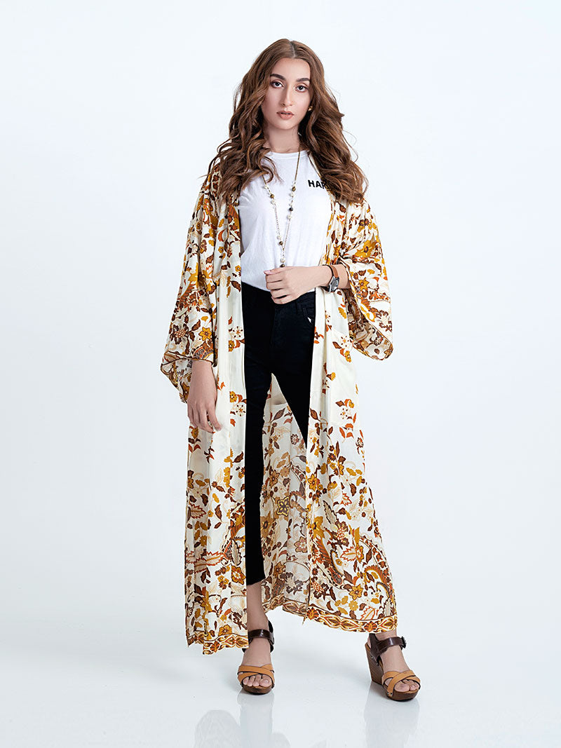Beachwear & Partywear Floral Print Beige Color Cotton Long Length Gown Kimono Duster Robe 12