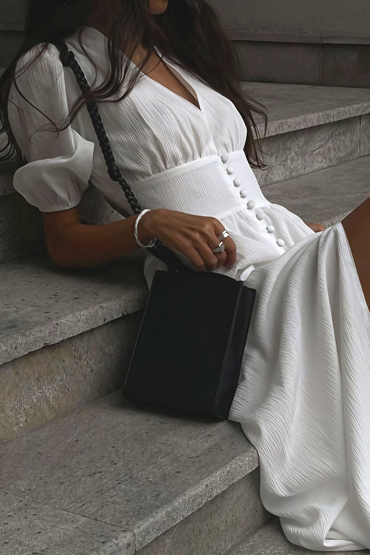 V-Neck Puff Sleeve Button Front A-Line Maxi Dress 4