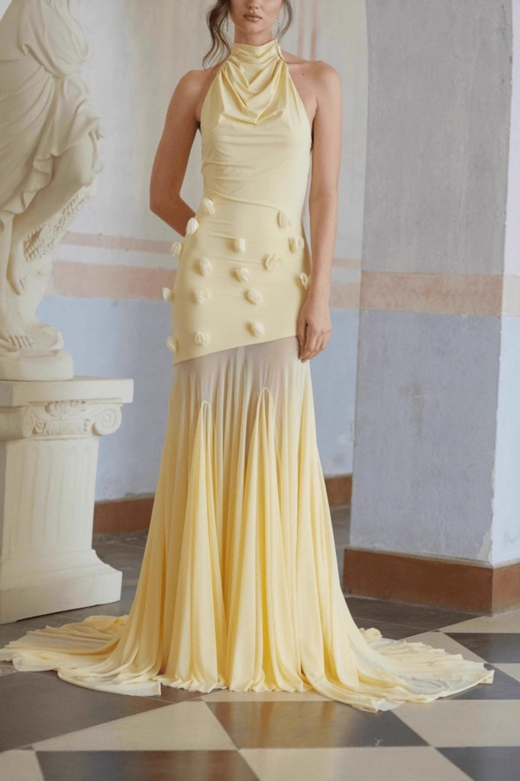 Satin Halter Cowl Neck Floral Applique Sheer Mermaid Maxi Gown