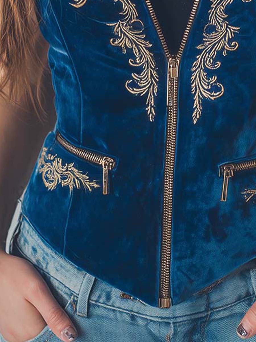 Zippered Boho Royal Blue Embroidered Velvet Vest - Fashionpara
