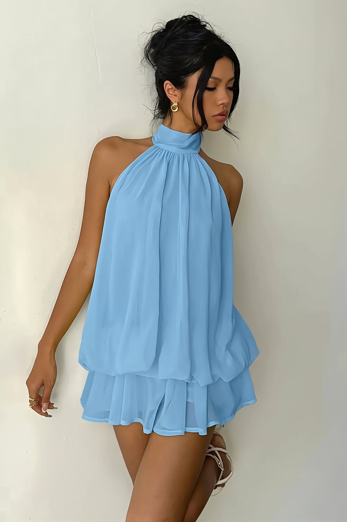 Chiffon Halter Neck Tiered Babydoll Mini Dress