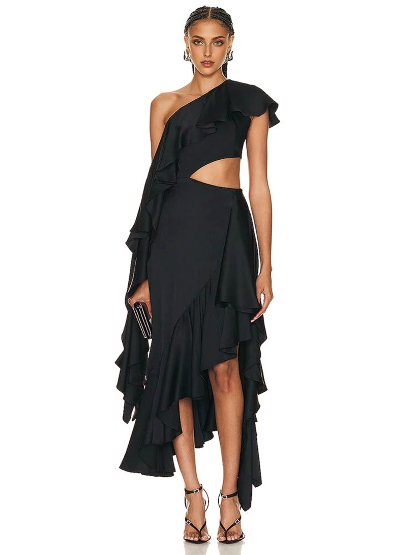 Satin One-Shoulder Ruffle Cutout Asymmetric Midi Dress