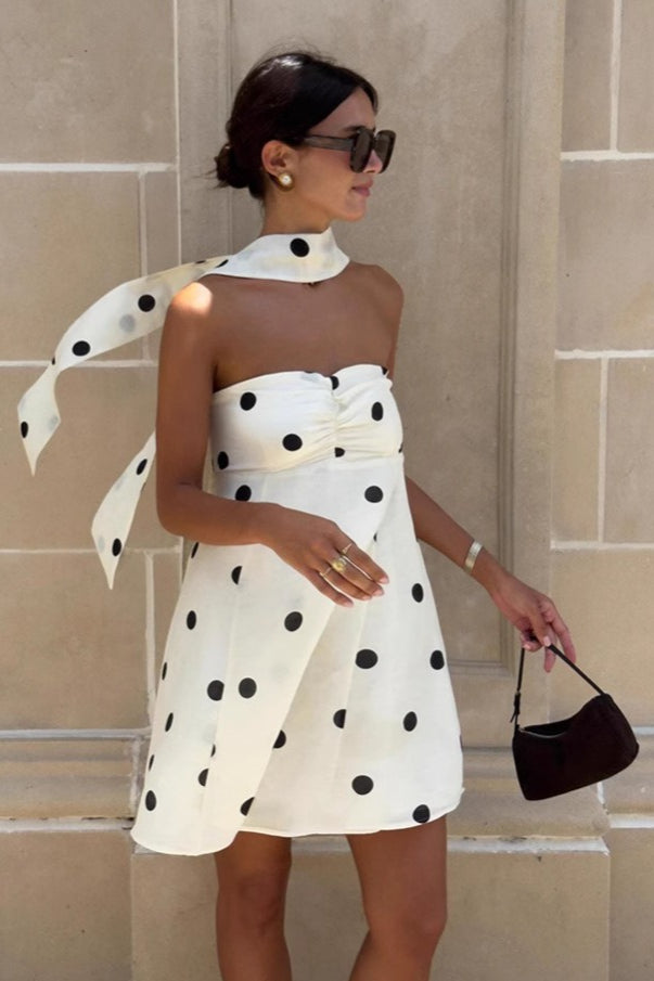 Polka Dot Strapless Scarf-Neck A-Line Mini Dress