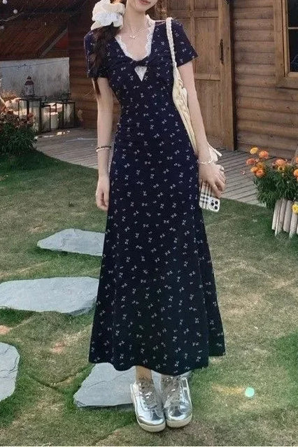 Ditsy Floral Print Sweetheart Puff Sleeve A-Line Maxi Dress