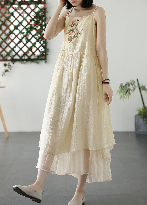 Embroidered Floral Bird Patch Spaghetti Strap Midi Dress