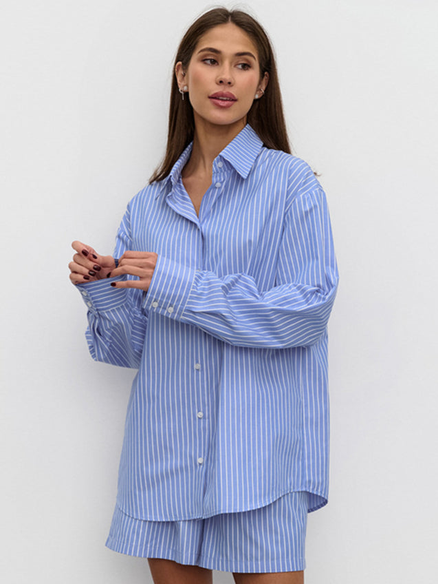 Chic Striped Cotton Casual Set Blouse