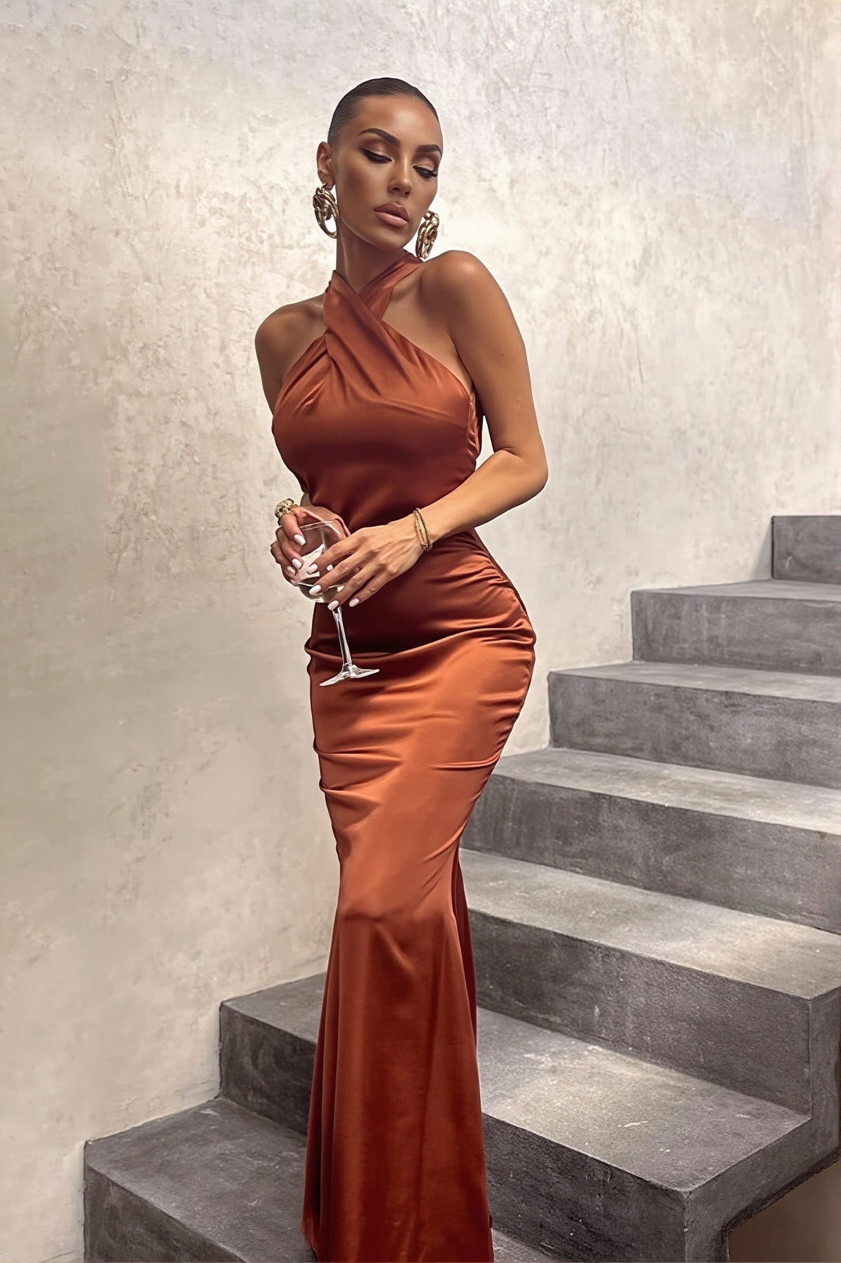Satin One Shoulder Halter Neck Mermaid Gown