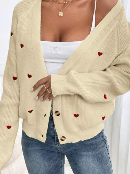 Heart Embroidery V-Neck Cardigan for Cozy Elegance
