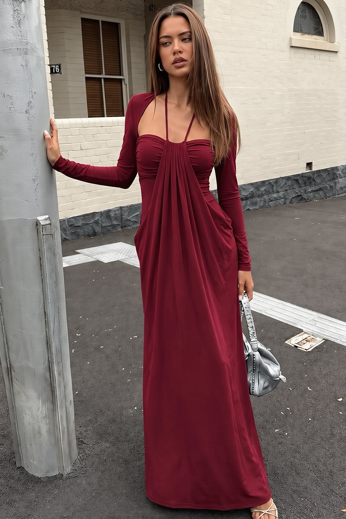 Long Sleeve Halter Neck Ruched Draped Maxi Dress 8