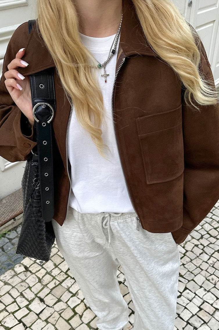 Collared Zipper Faux Suede Jacket 2