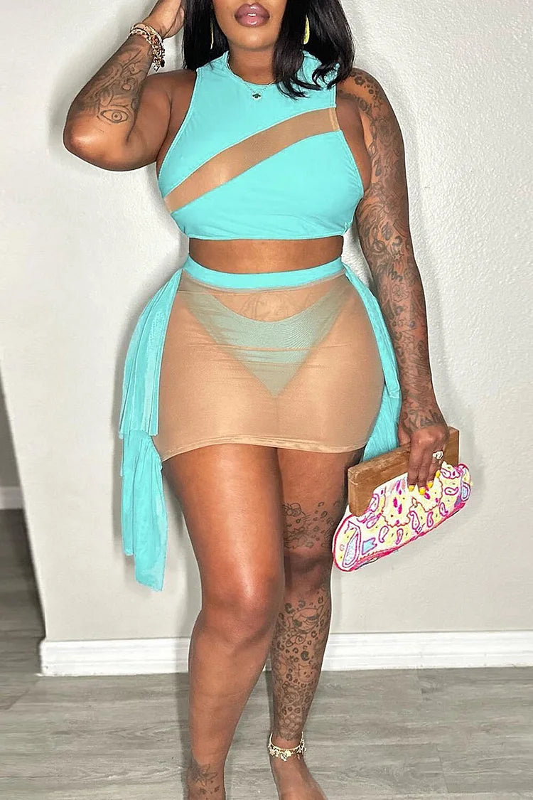 MESH PATCHWORK CROP TANK TOP SEE THROUGH RUFFLED SIDE MINI SKIRT SWIMSUIT TANKINIS THREE-PIECE SET - Fashionpara