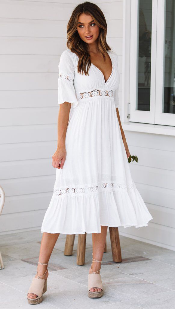 V-Neck Flutter Sleeve Crochet Lace Tiered Midi Dress