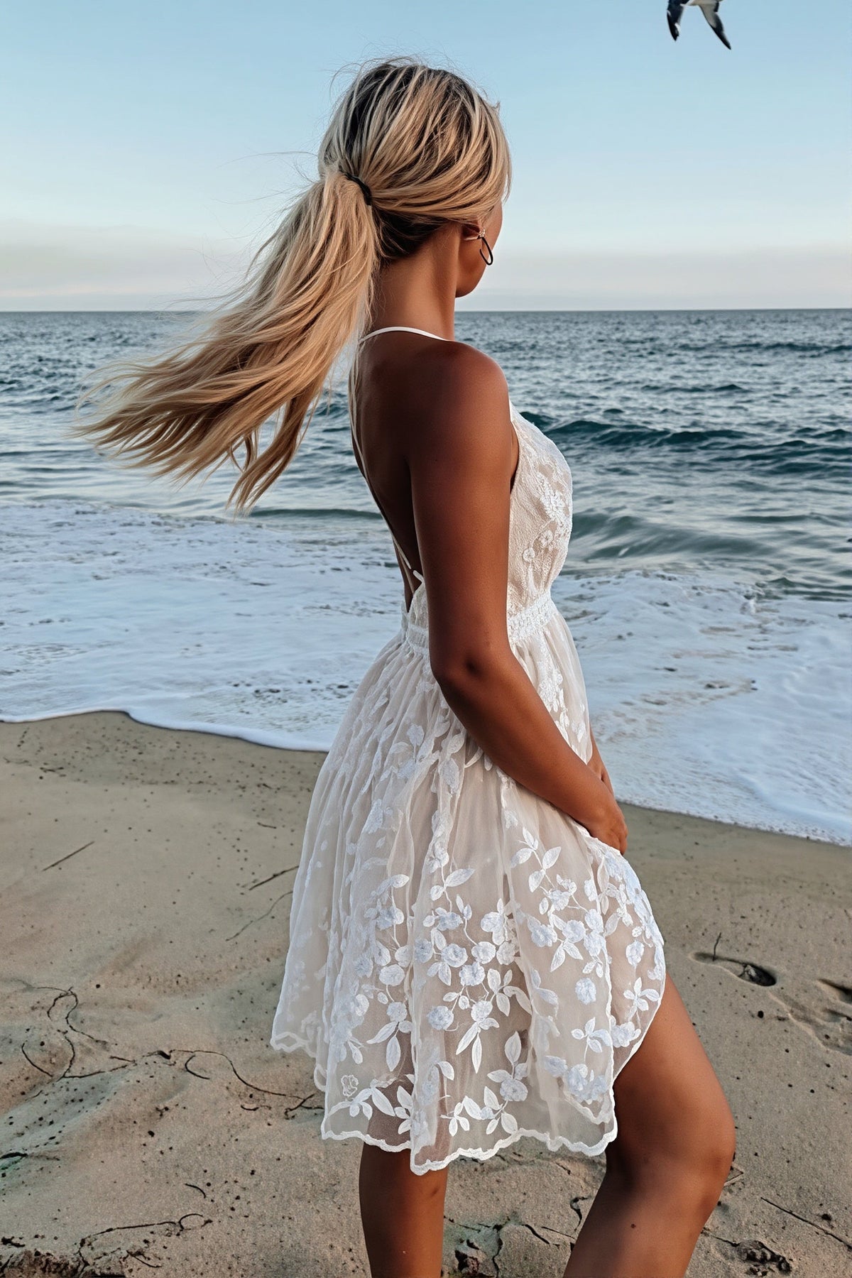 Floral Lace Deep V-Neck Backless Flared Mini Dress