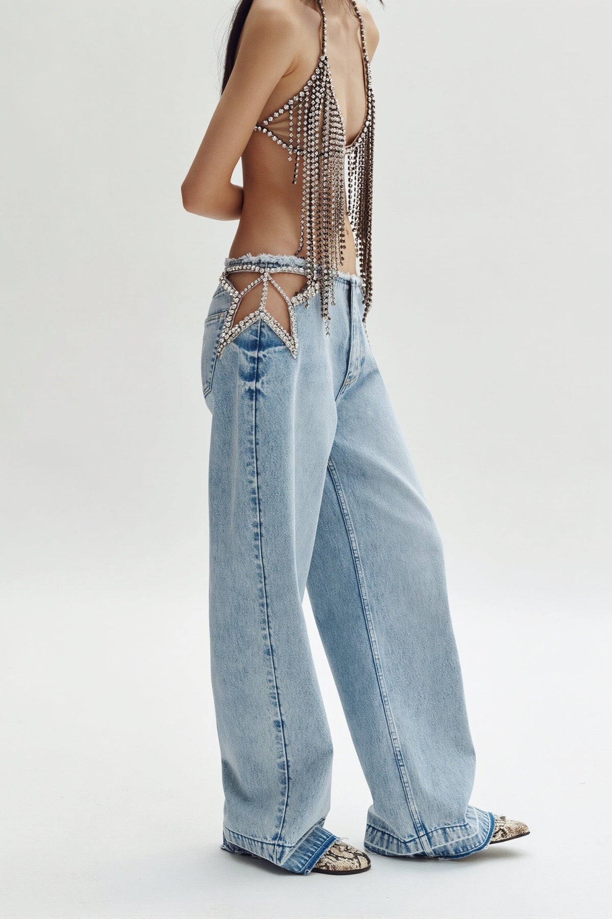 Rhinestone Low Rise Straight Leg Denim Jeans