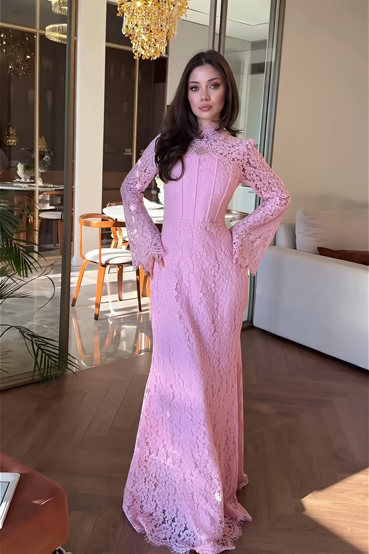 Floral Lace High Neck Long Sleeve Corset Dress
