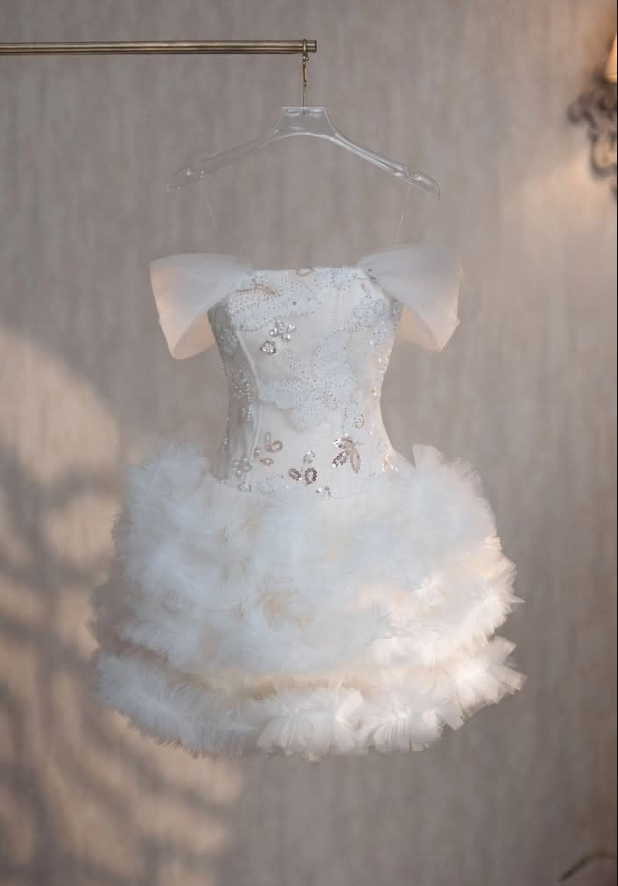 Elegant White Off The Shoulder Tulle Sequin Short Birthday Dress Homecoming Dress S264