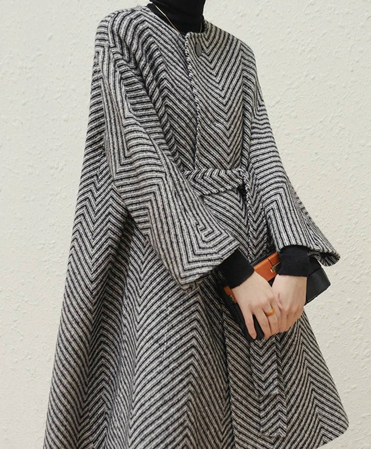 Zigzag Woolen Sashes A-Line Overcoat
