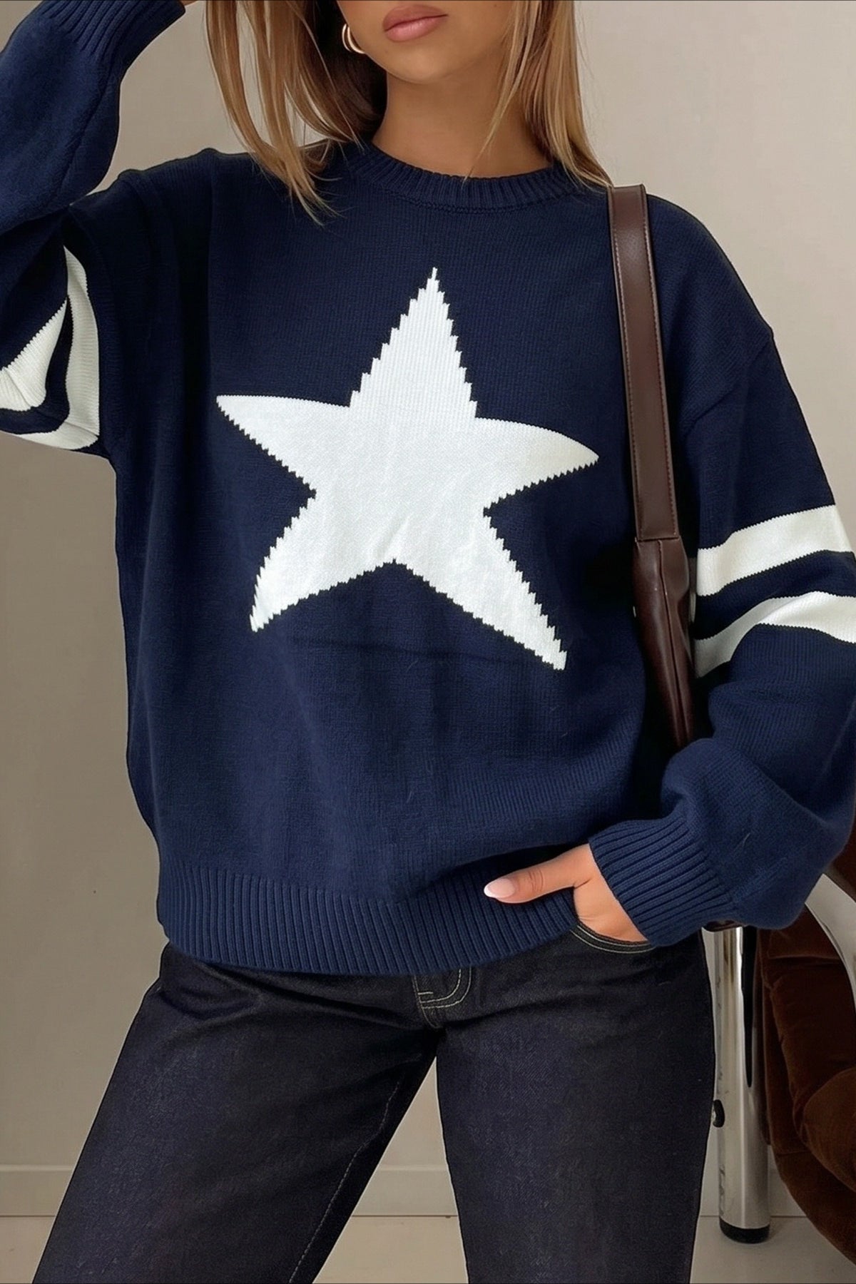 Star Motif Striped Sleeve Knit Sweater 2