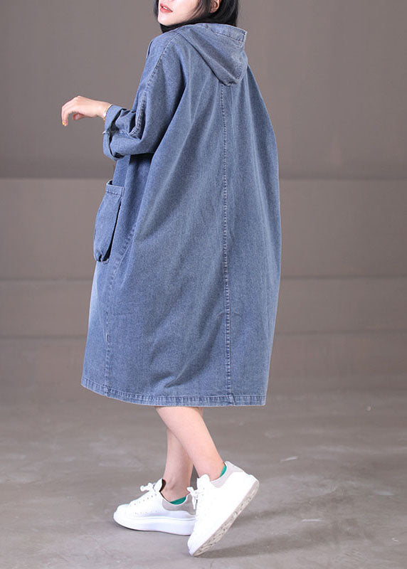 Hooded Denim Button Front Patch Pocket Long Sleeve Midi Dress - View 4