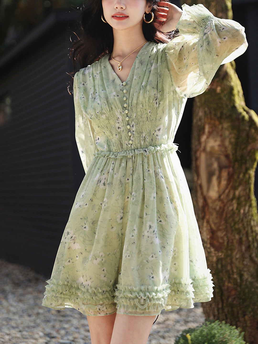 Floral Print V-Neck Button Front Smocked Waist Mini Dress