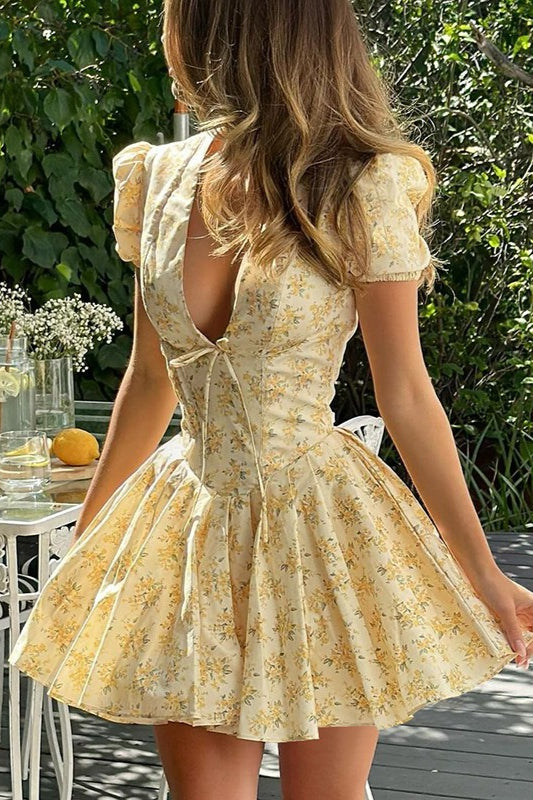 Floral Deep V-Neck Puff Sleeve Flared Mini Dress 2