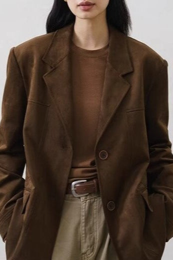 Brown Faux Suede Blazer Coat