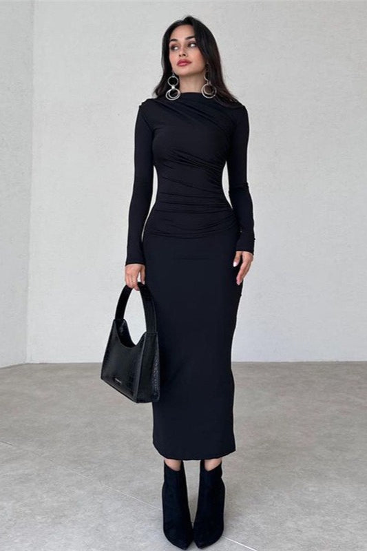 Ruched Boat-Neck Long Sleeve Bodycon Maxi Dress