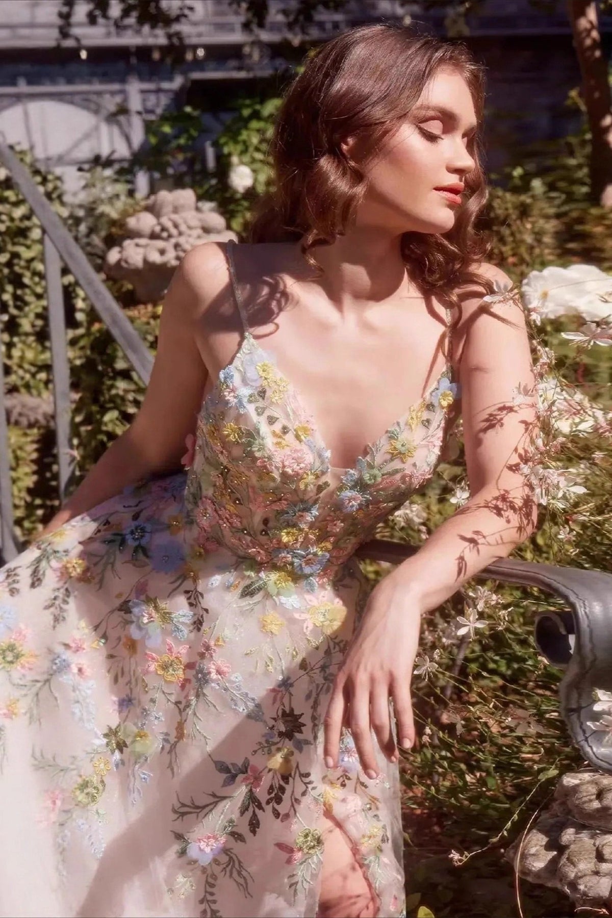 Floral Spaghetti Strap Deep V-Neck High Split A-Line Prom Gown - View 4