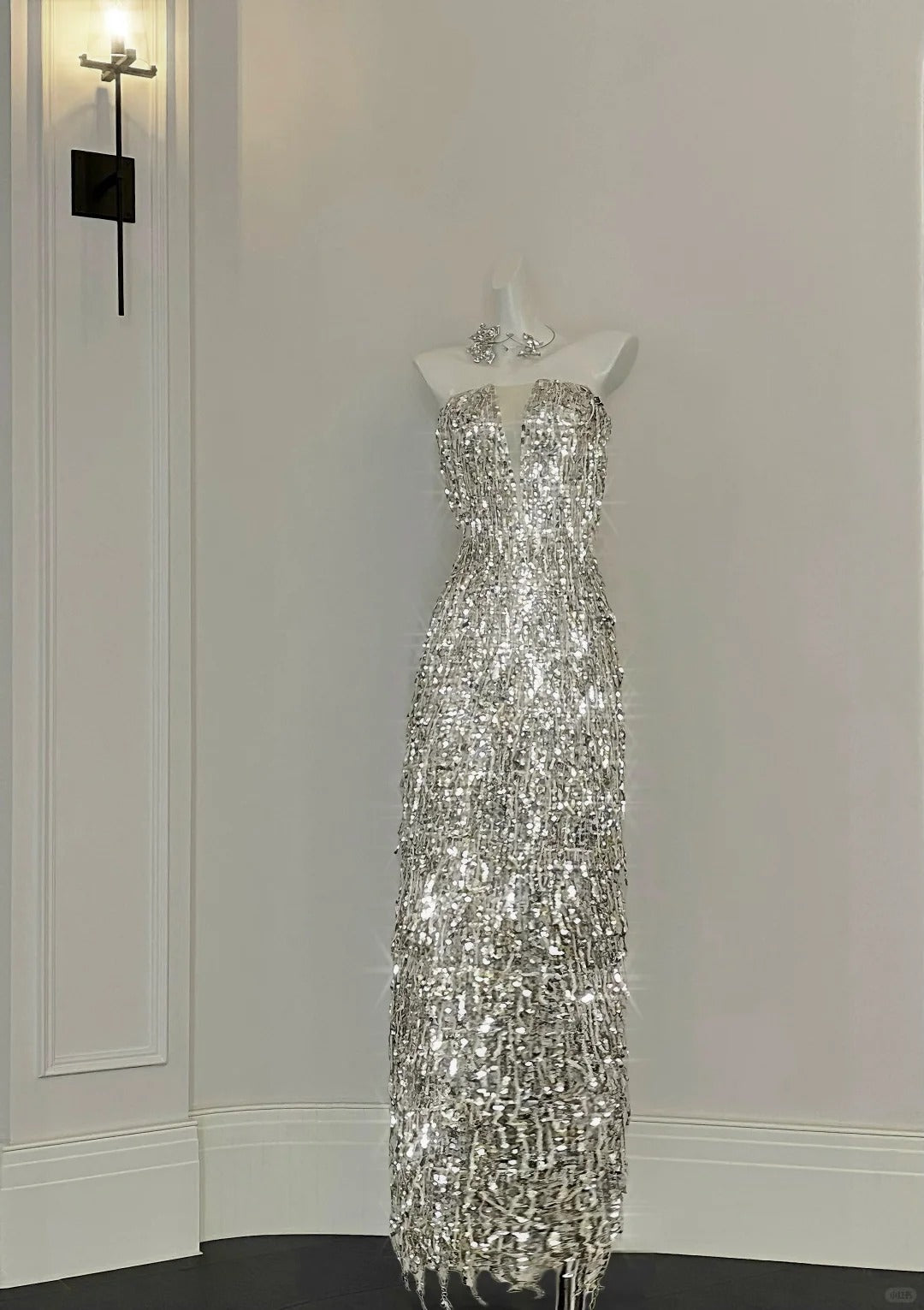 Shining Silver-White Slim-Fit Tube Top Sequined Tassel Long Prom Dress Evening Dress P4095