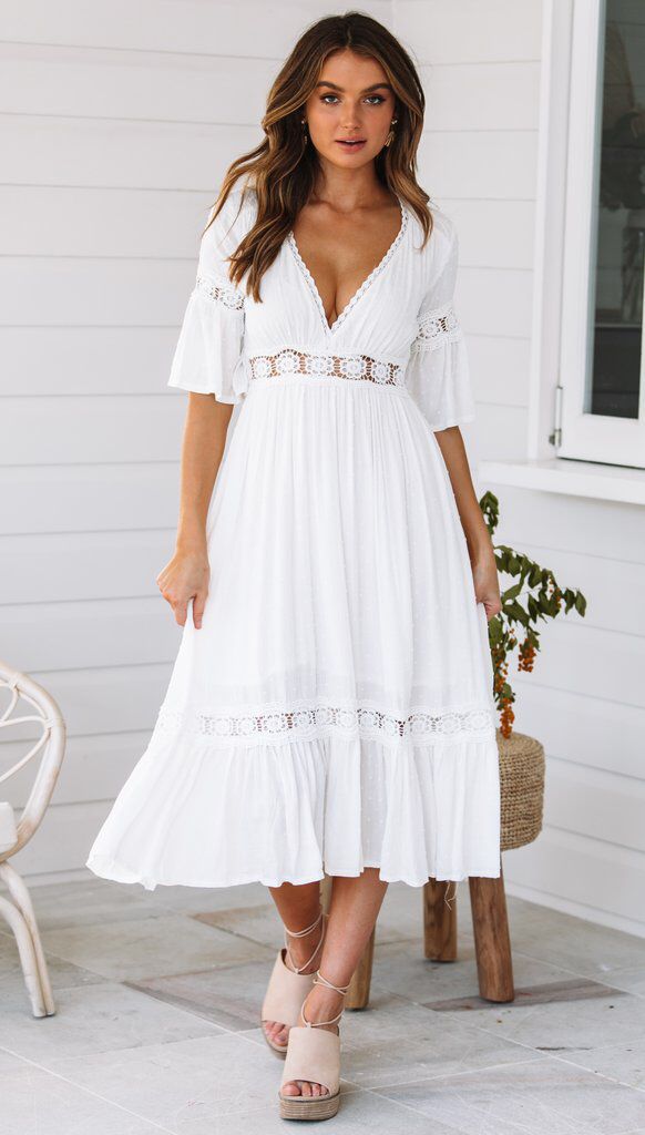 V-Neck Flutter Sleeve Crochet Lace Tiered Midi Dress