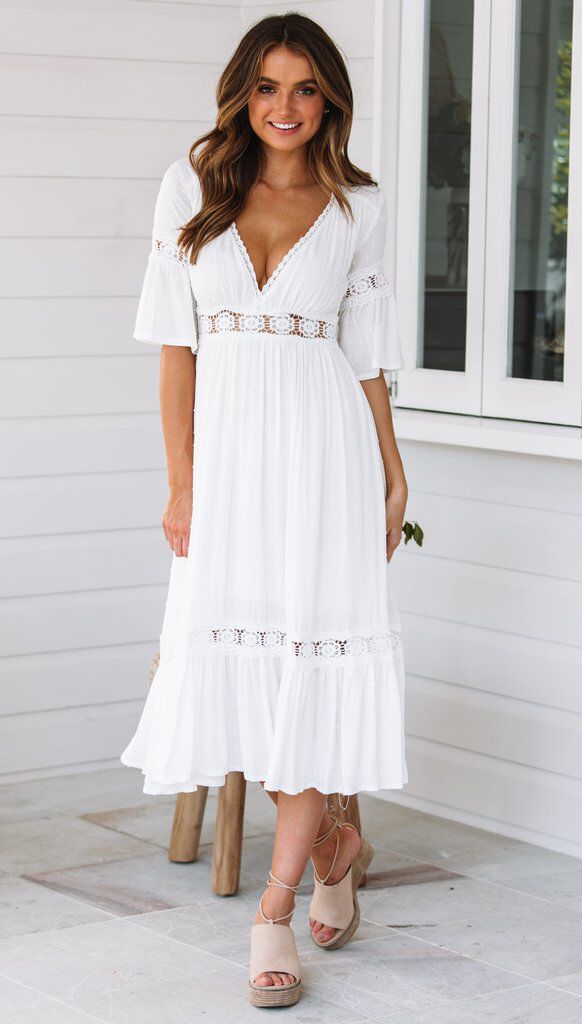 V-Neck Flutter Sleeve Crochet Lace Tiered Midi Dress