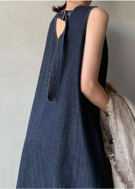 Denim Sleeveless Deep V-Neck A-Line Maxi Dress - View 4