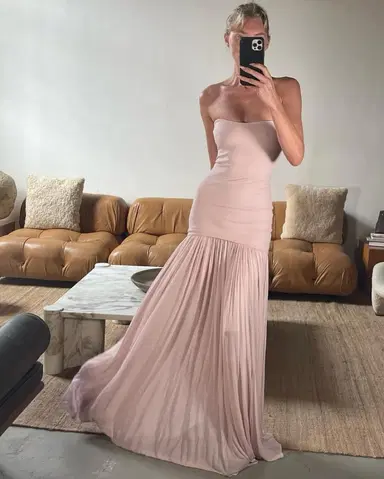 Beautiful Mermaid Strapless Neckline Pink Long Chiffon Party Dresses Prom Dress SD2028