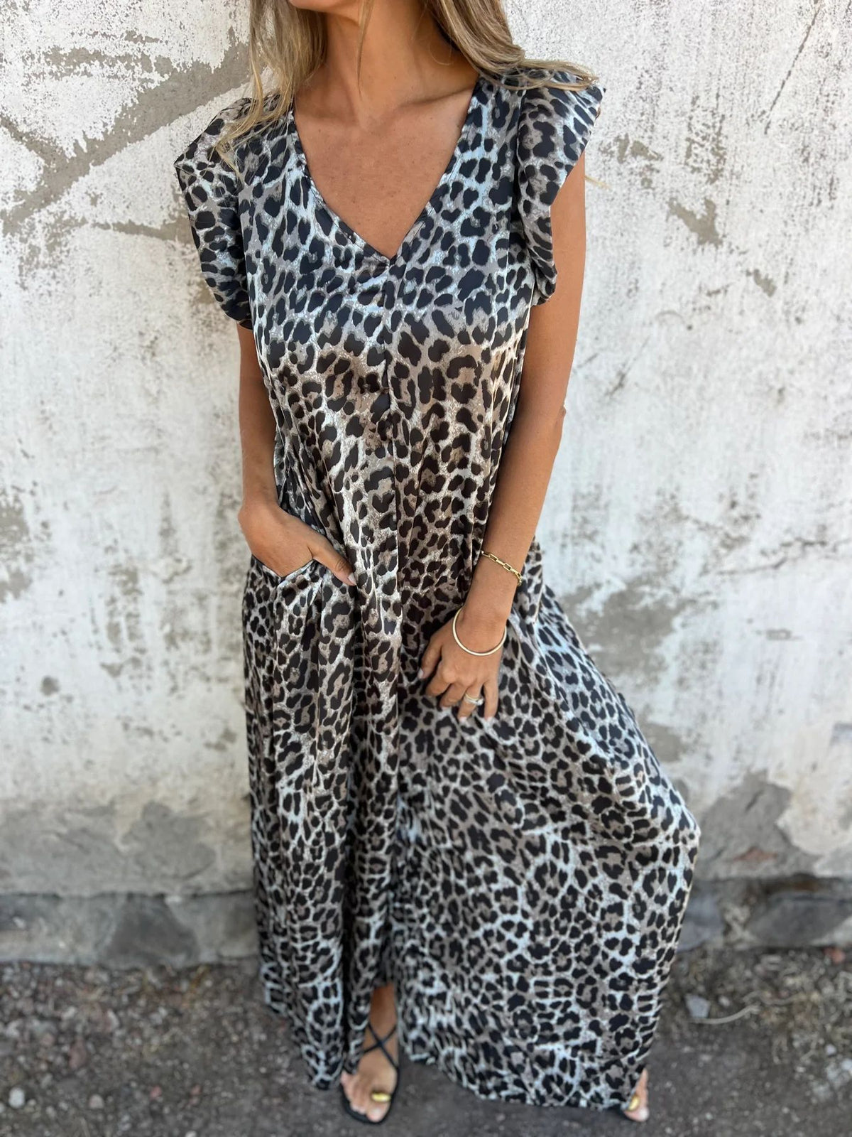 Leopard Print V-Neck Ruffle Sleeve Pocket Maxi Dress 7