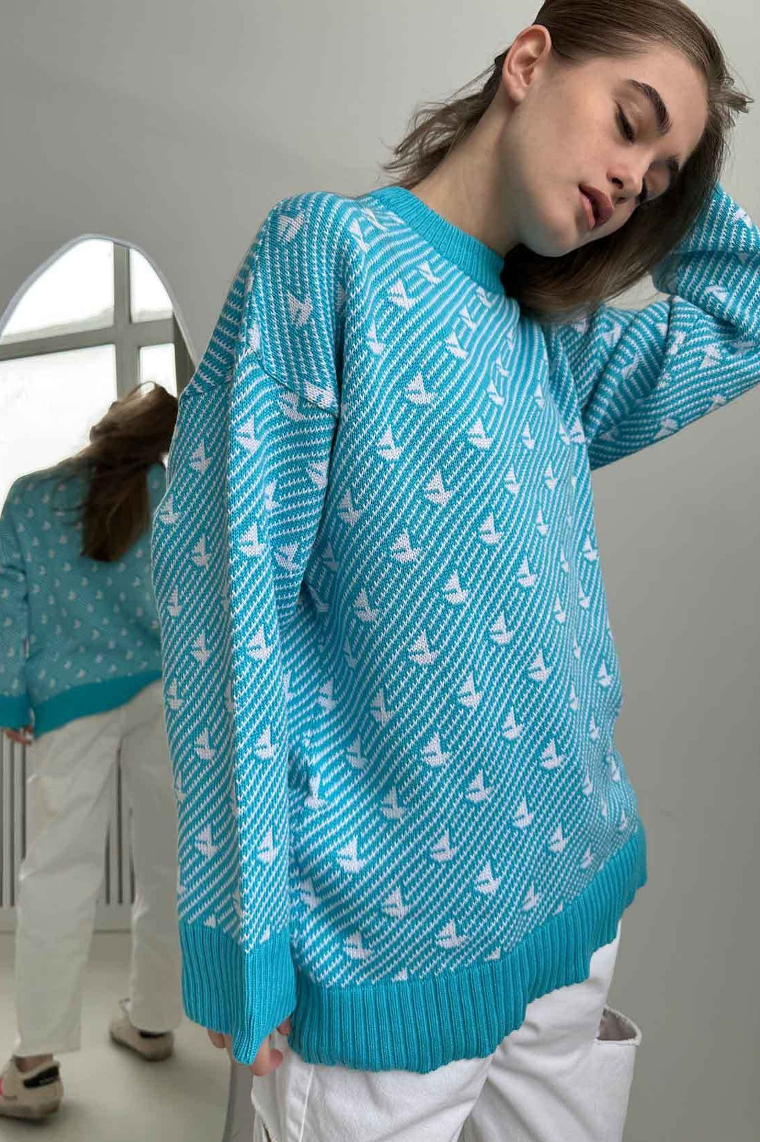 PrincessAce Sailboat Pattern Crew Neck Knit Sweater