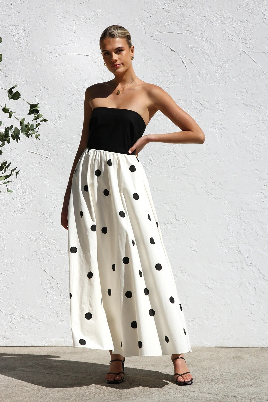 Polka Dot Print Strapless A-Line Maxi Dress - Fashionpara