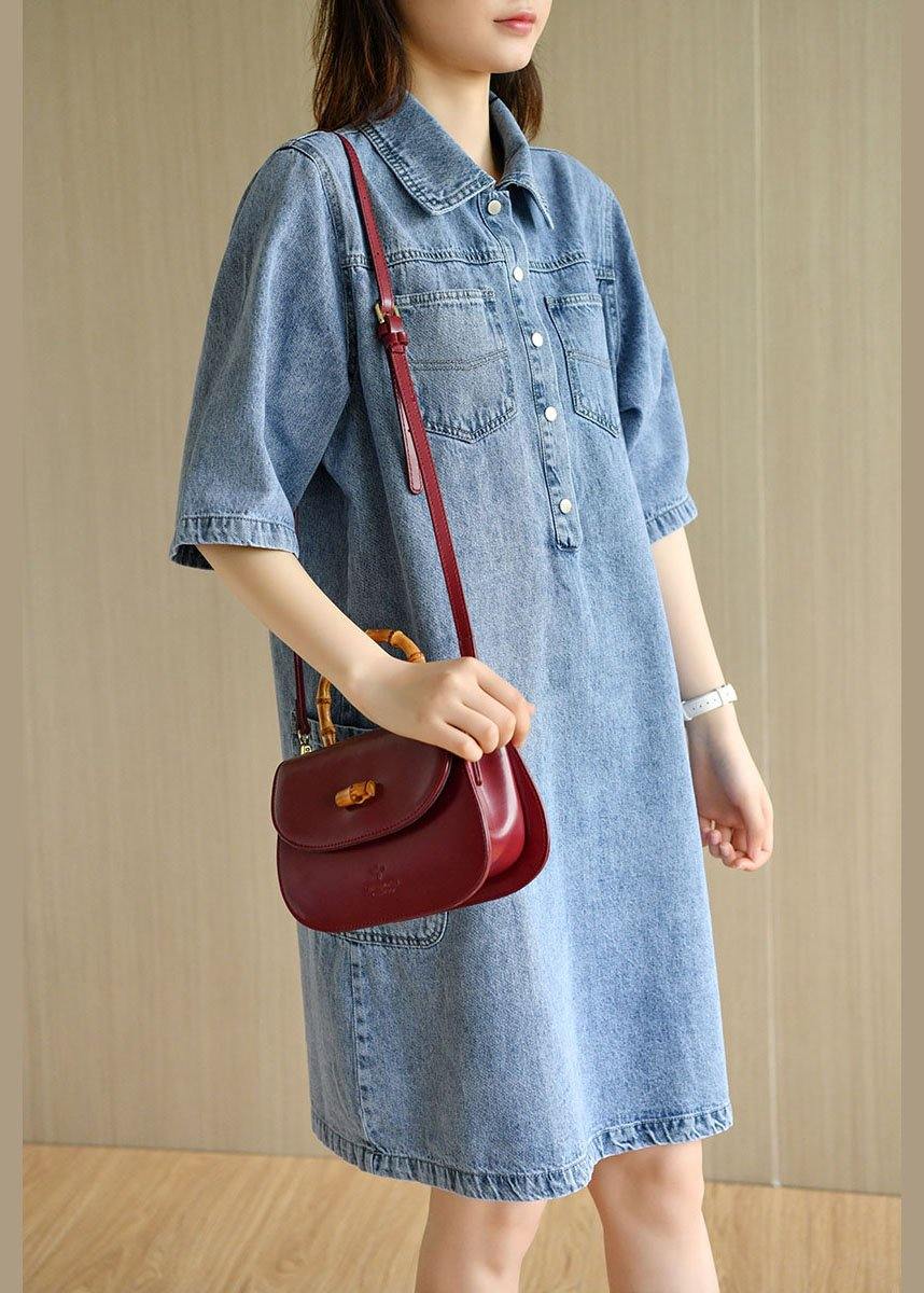 Denim Collared Button Front Patch Pocket Short Sleeve Shift Mini Dress - View 2