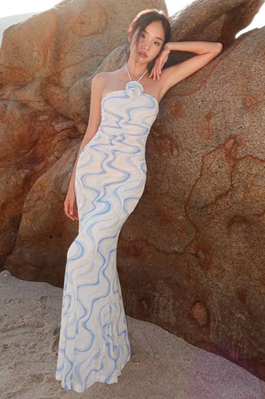 Tie-Back Rose Appliqué Mesh Bustier Maxi Dress