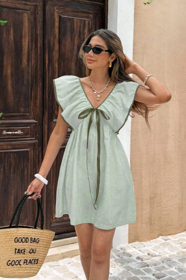 Striped V-Neck Ruffle Bow Babydoll Mini Dress 7