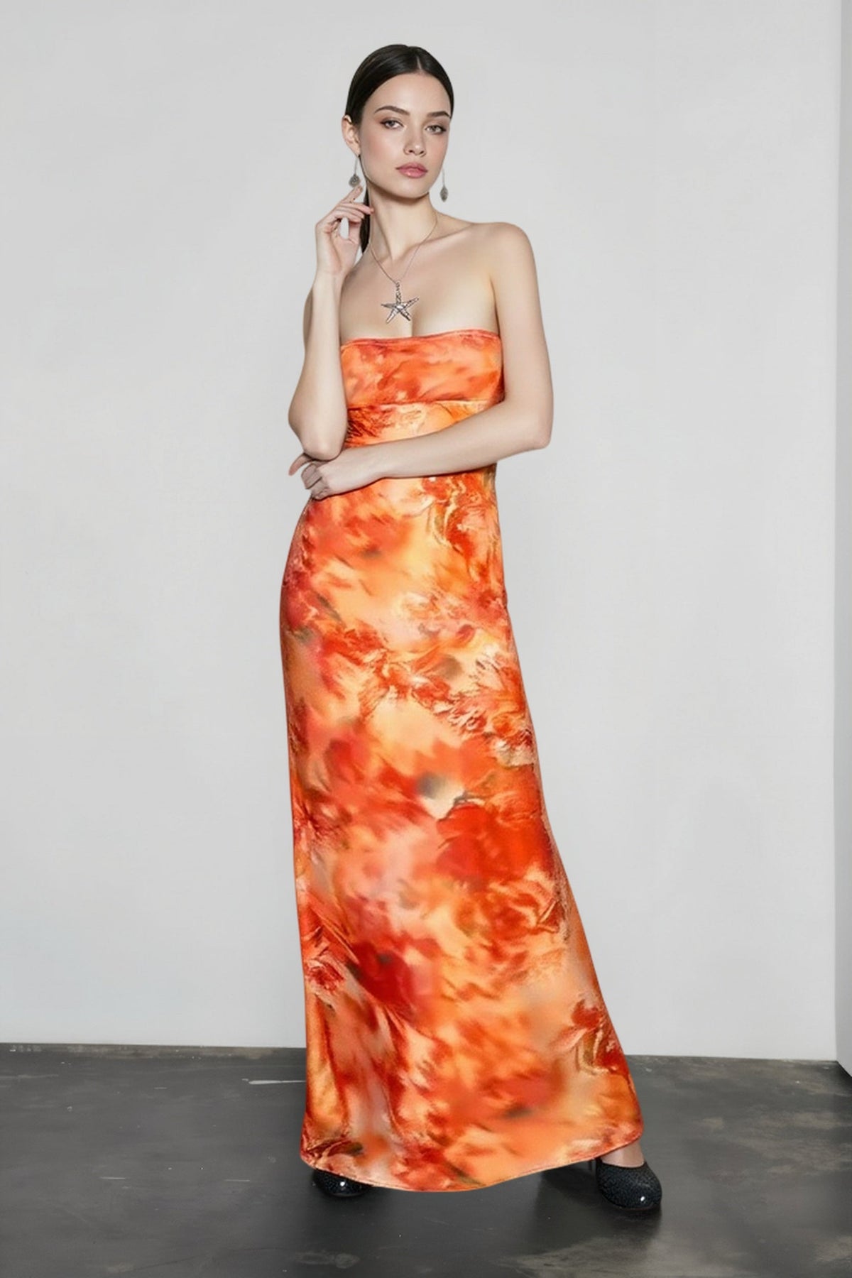 Abstract Print Strapless Bandeau Bias Column Maxi Dress