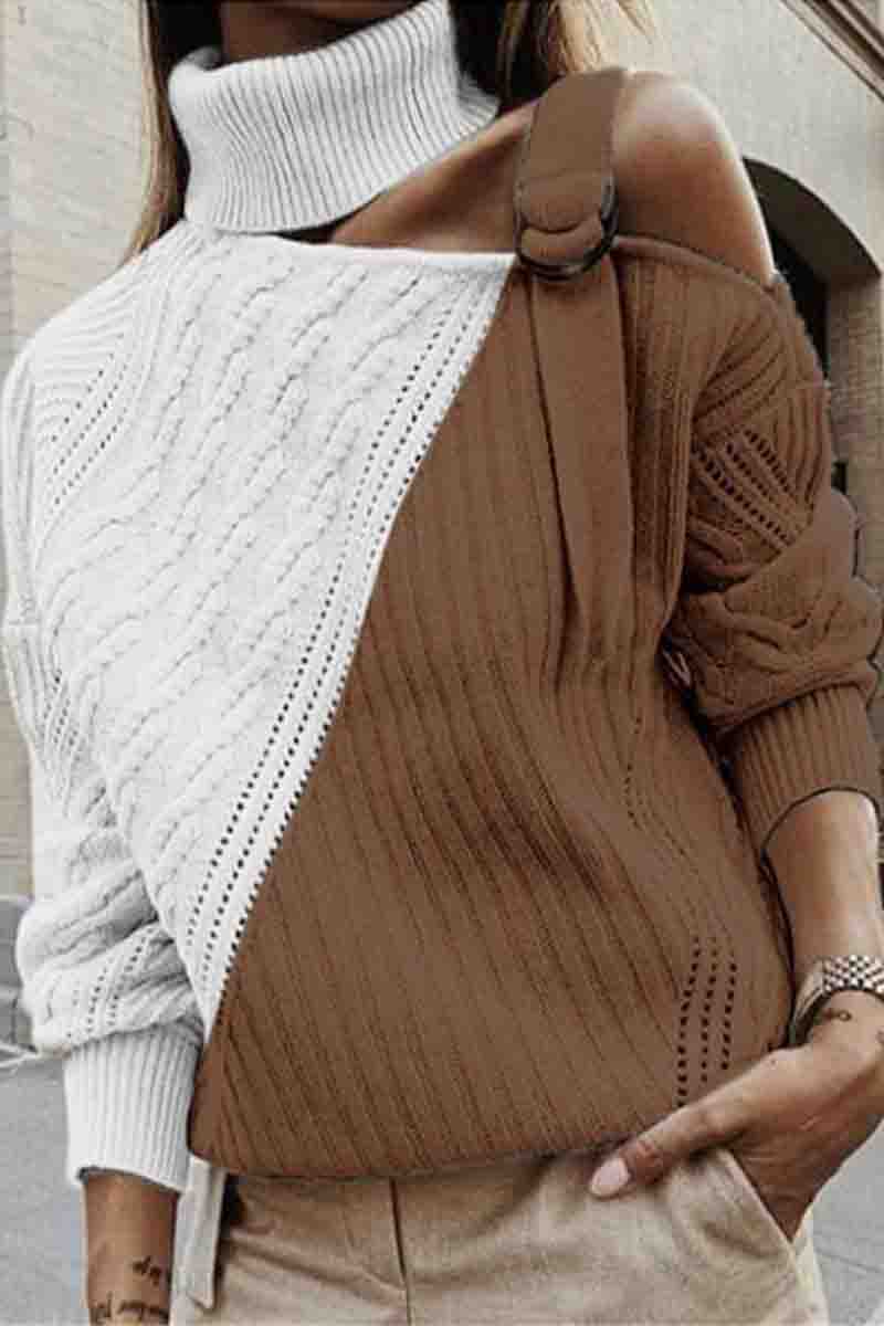 Turtleneck One Shoulder Patchwork Loose  Sweater(4 Colors)  Fashionpara