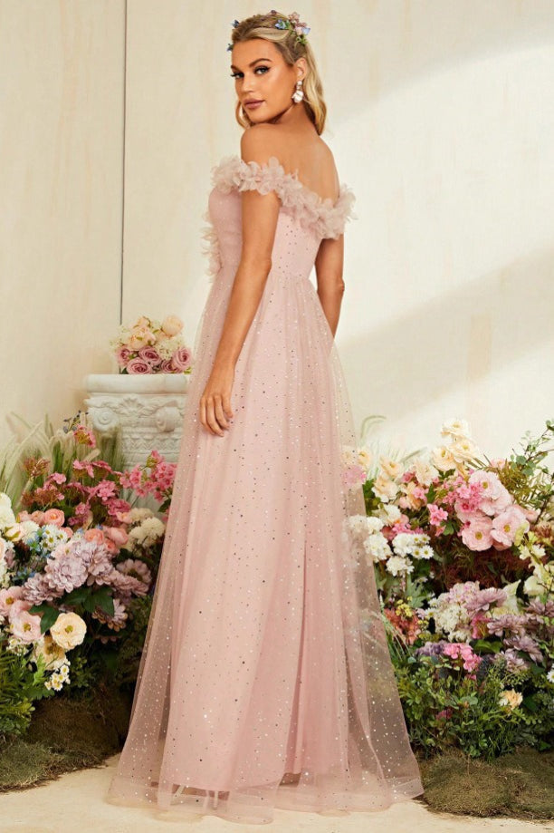 Glitter Tulle Off Shoulder Ruffle High Split Gown 2