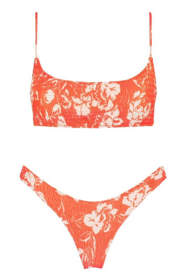 Bandeau Floral Print Patchwork High-cut Bikini Set (3 Colors) - Fashionpara