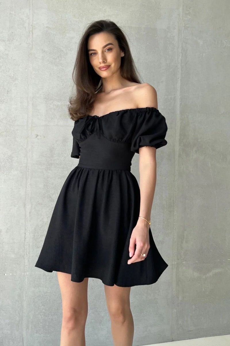 Off Shoulder Puff Sleeve Fit & Flare Mini Dress