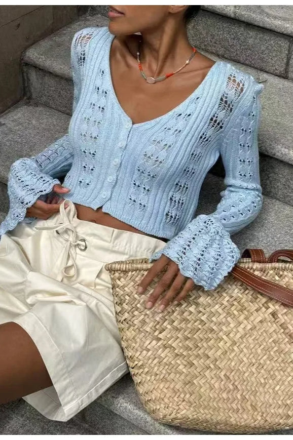 Hollow Out Knit V Neck Long Sleeve Cardigan 32