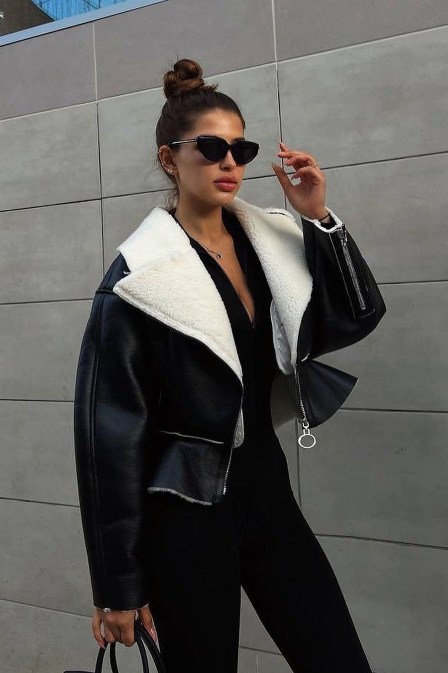 Odd Zip Leather Fur Pieced Coat 11