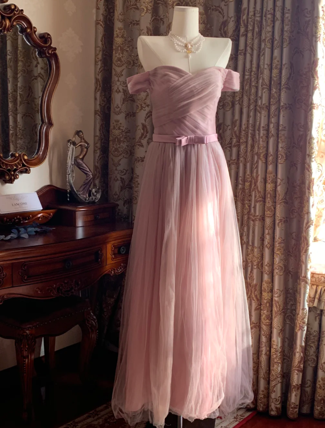 Sweet Pink Off The Shoulder Tulle A Line Long Birthday Party Dress Formal Wedding Guest Dress D1712