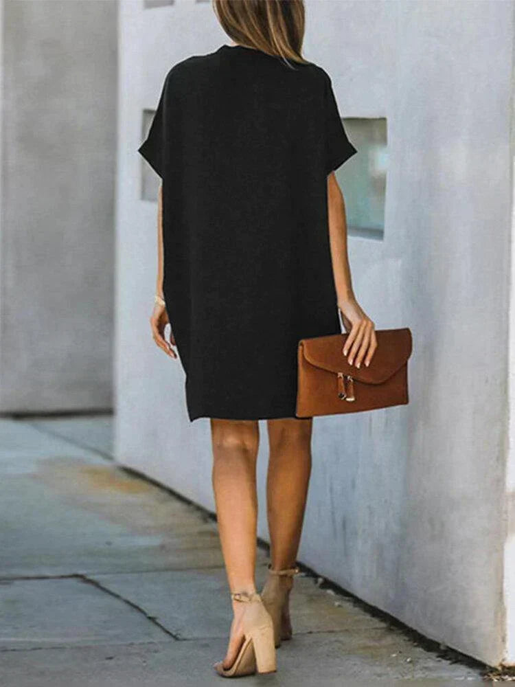 Deep V-Neck Dolman Short Sleeve Loose Shift Mini Dress - View 4